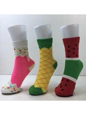 Womens Crew Socks Set 3 Ice Cream Pineapple Watermelon Print Green White Red